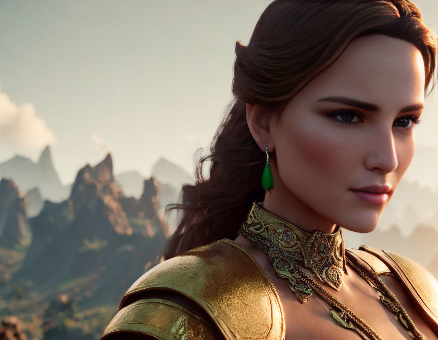 Brown-haired woman in gold armor with green pendant earring against mountain backdrop