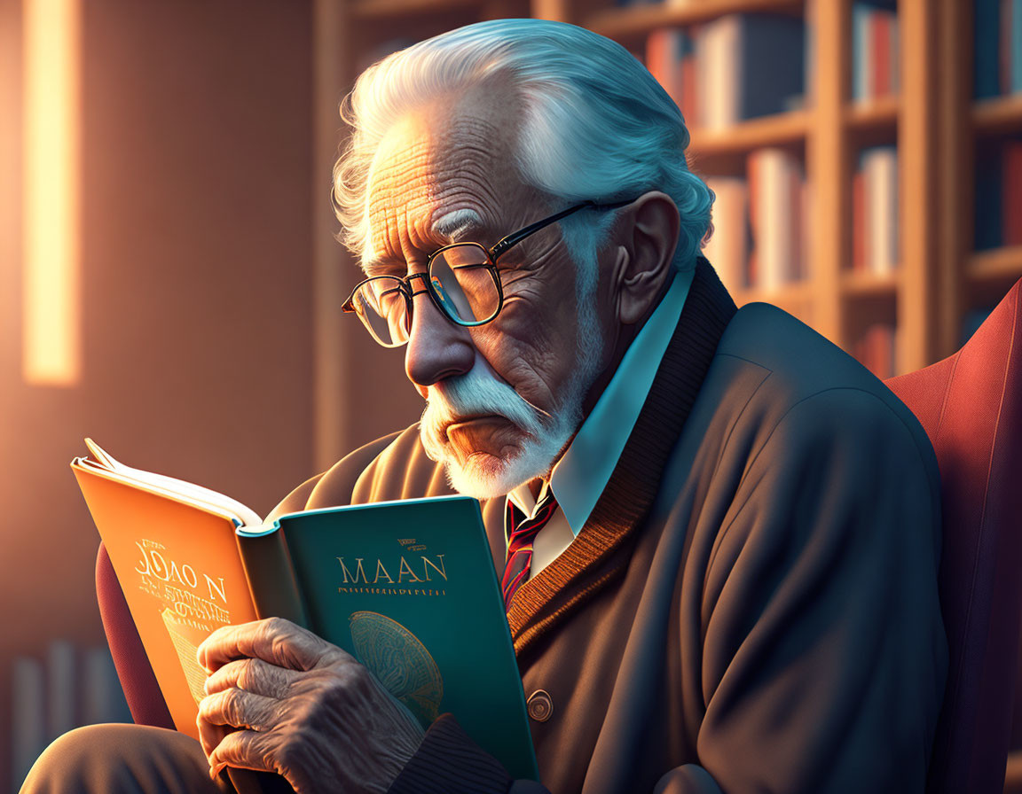 Elderly man with white hair reading "MAAN" book in sunny library