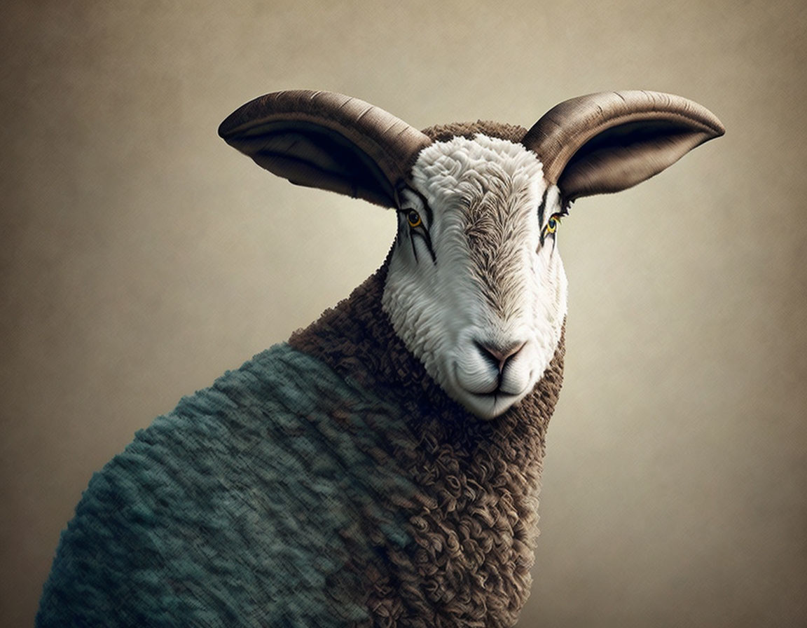 Surreal sheep with oversized ears on textured beige background