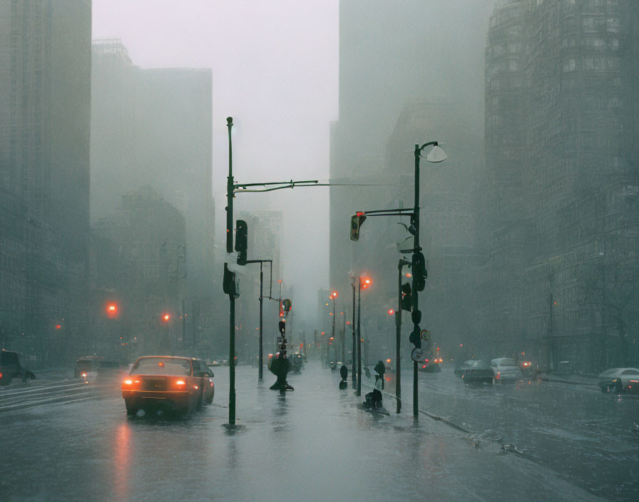 Foggy cityscape with traffic lights, lone car, and high-rise buildings