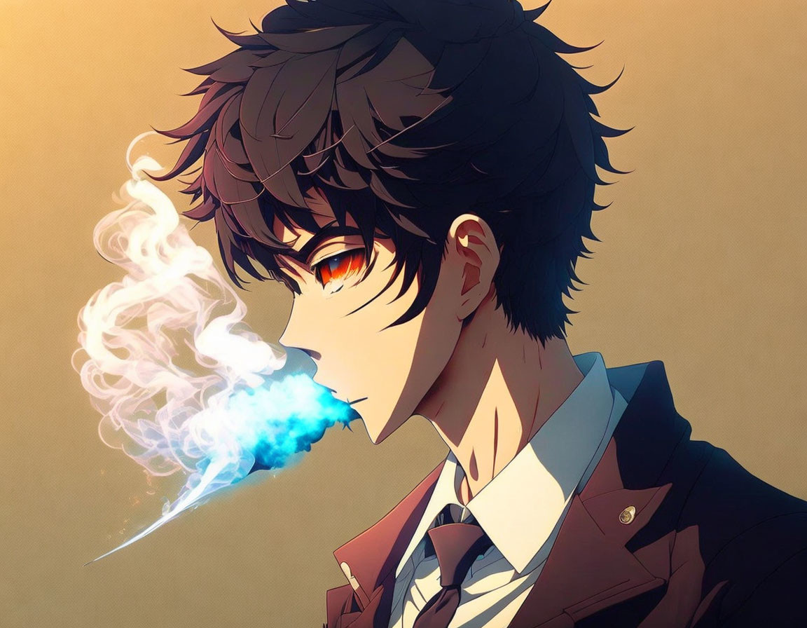 Young man with spiky brown hair exhaling smoke, golden eyes, anime-style illustration