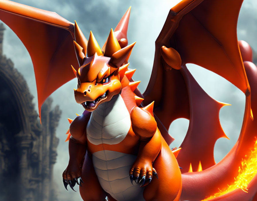 Orange Dragon with White Underbelly and Large Wings Breathing Fire