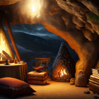 Warm Fire and Plush Seating in Cozy Cave Interior