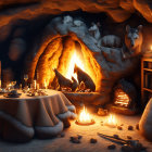 Warmly lit cave interior with fireplace, cats, candles, table, and seating