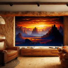 Rustic Bedroom with Large Window and Desert Sunset View