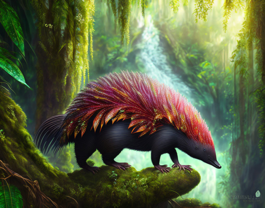 Colorful fantasy echidna with rainbow spine in sunlit forest