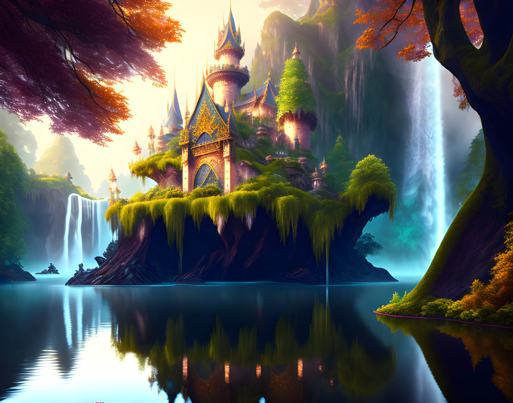 Majestic castle surrounded by lush forests and waterfalls