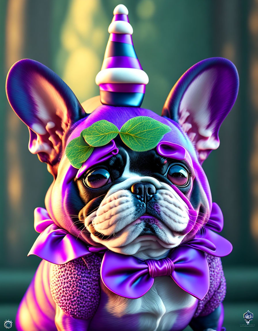 Colorful French Bulldog Illustration with Party Hat and Bow Tie