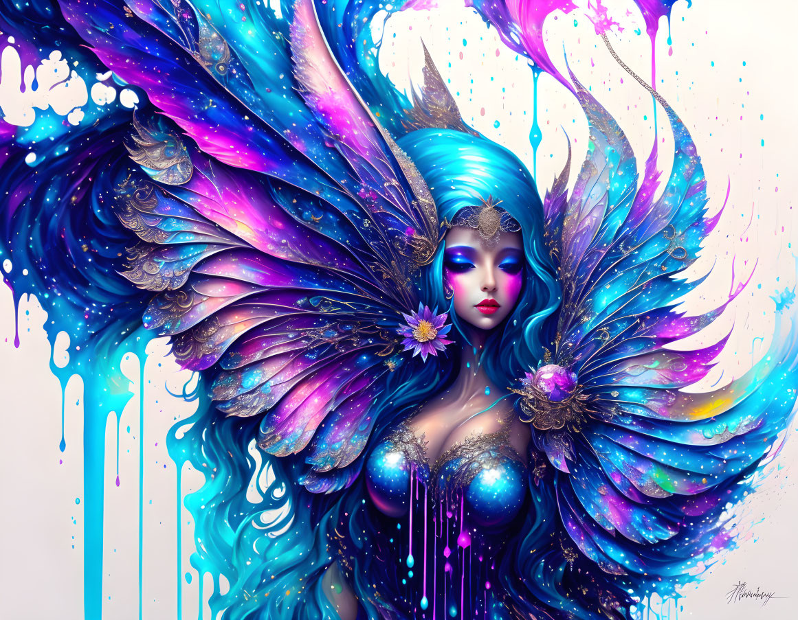 Colorful digital artwork of fantastical female figure with blue and purple wings and headdress, surrounded by