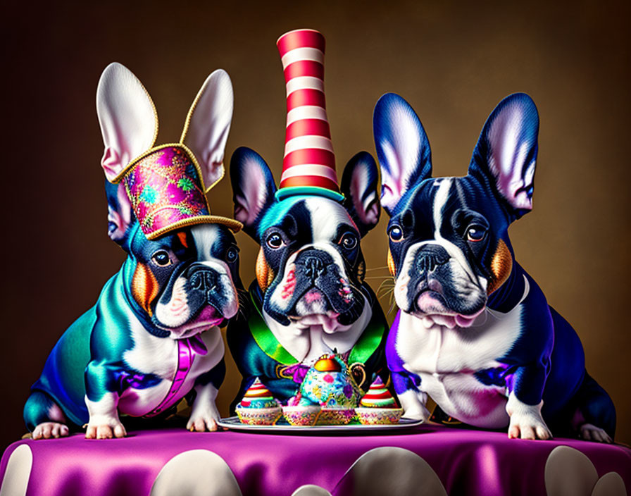 Three French Bulldogs in colorful party costumes at table with cake and decorations
