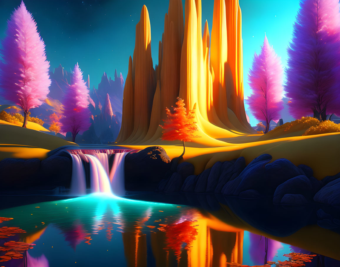 Luminous trees, waterfall, and rock formations in fantasy landscape