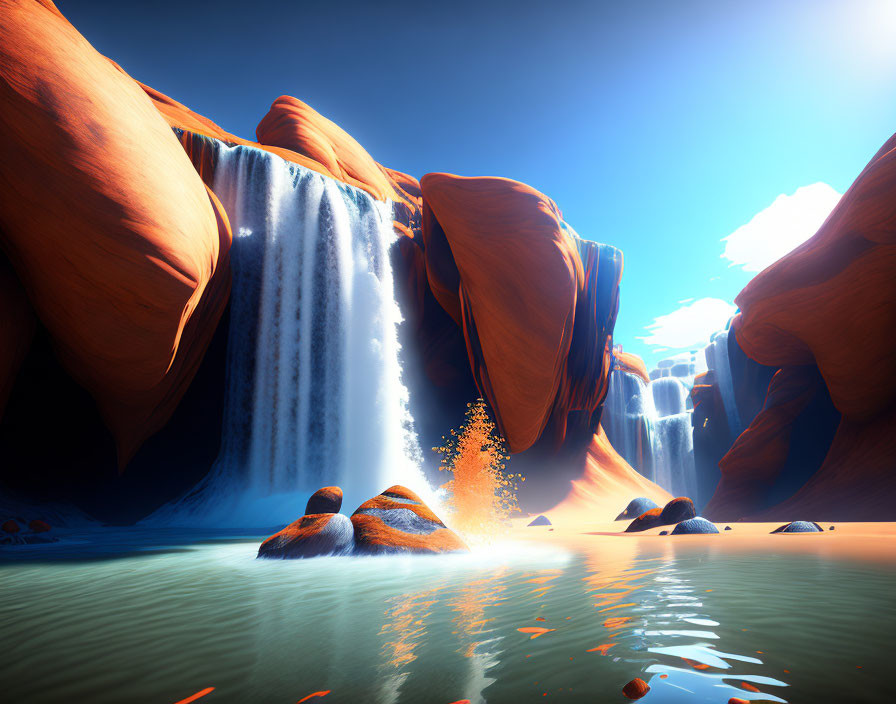 Tranquil waterfall over red rocks with fiery particles in sunlit pool