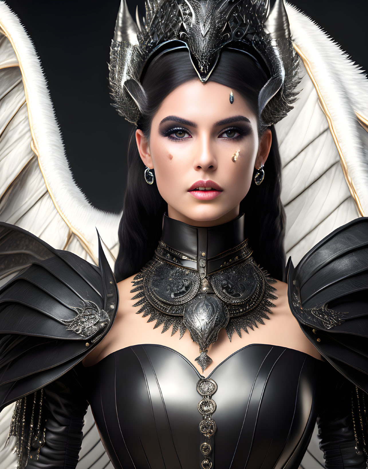 Regal woman in dark fantasy armor with feathered collar and metallic crown
