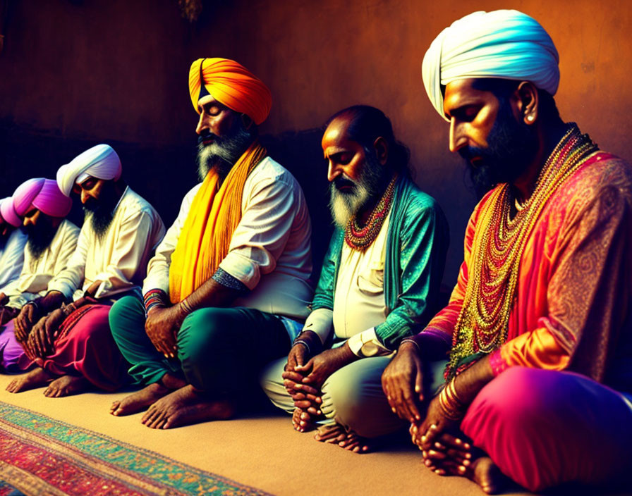 Group of Men in Colorful Turbans and Traditional Attire Sitting in Row