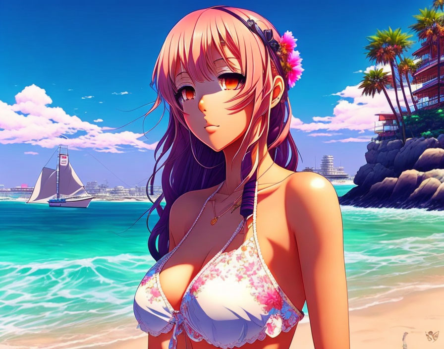 Pink-Haired Animated Character in Bikini on Beach with Sailboat and Palm Trees