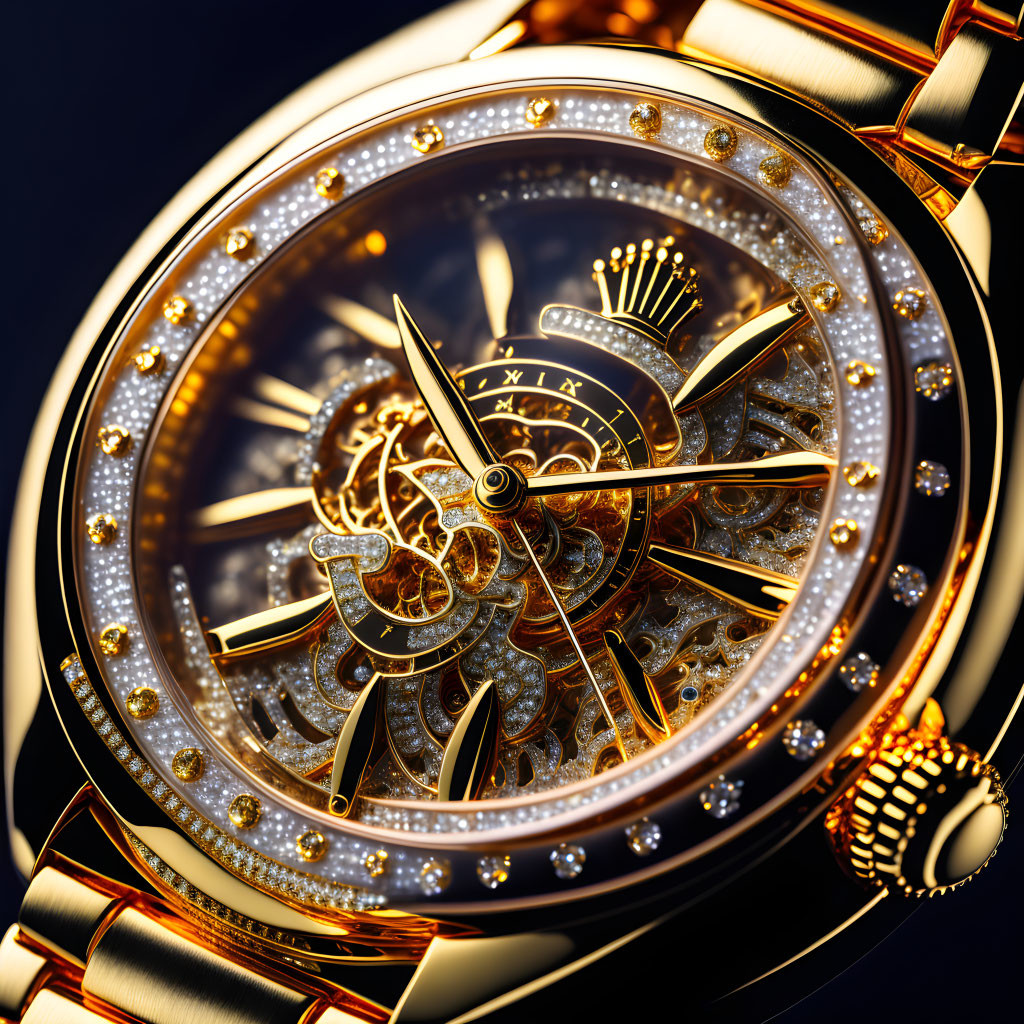 Golden Wristwatch with Gemstones and Skeletal Face