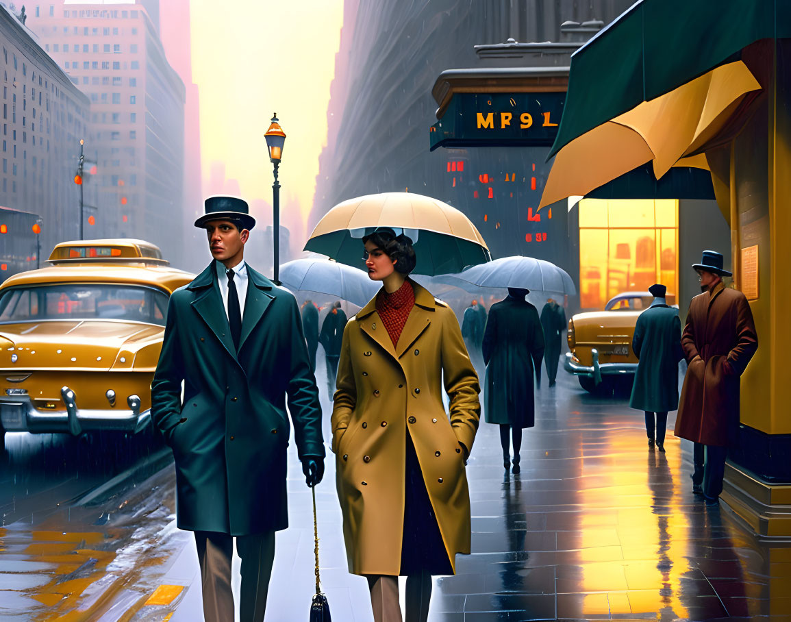 Vintage-dressed couple strolling city street under orange sunlight
