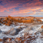 Panoramic mountain landscape with snow, rocks, and colorful sky