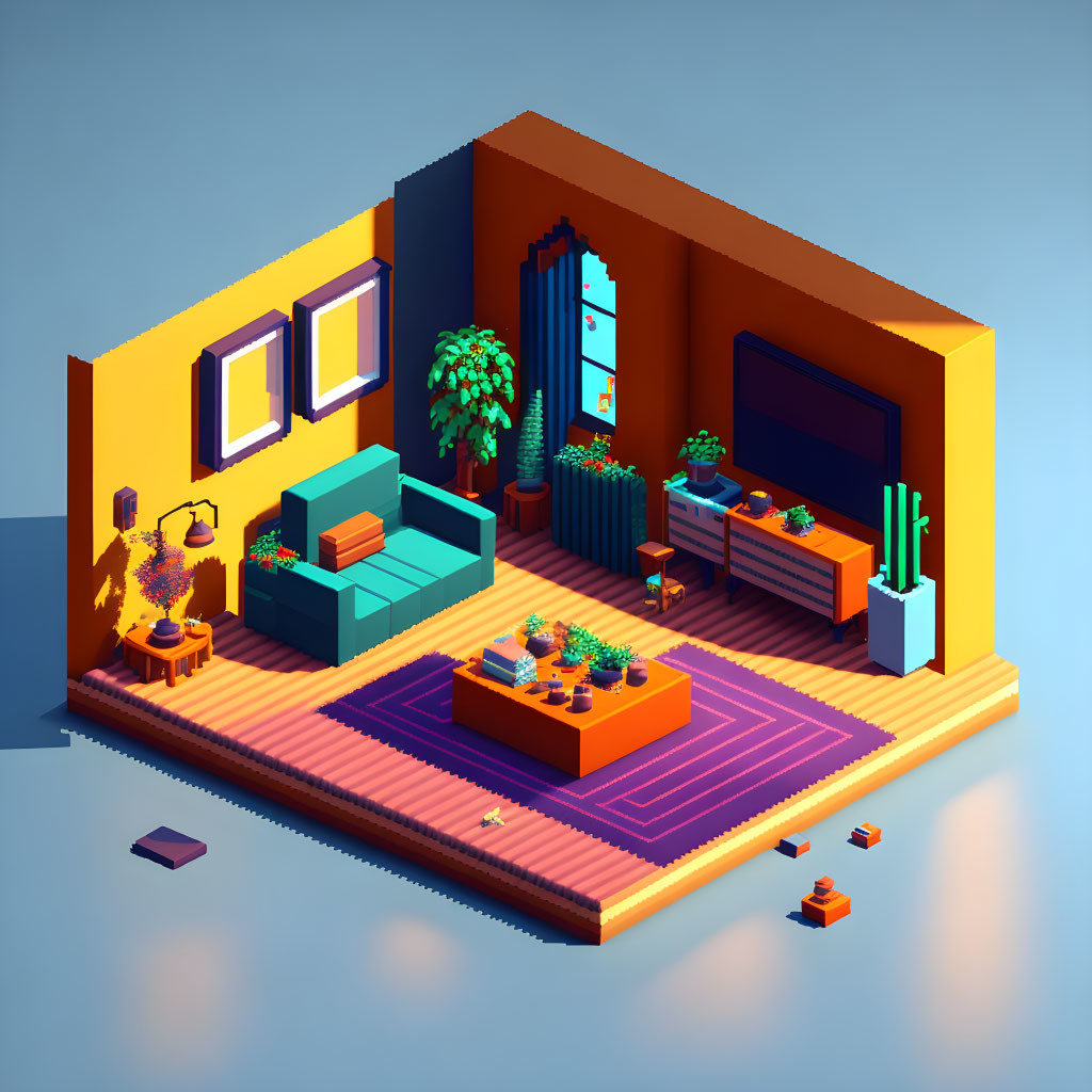 Colorful Isometric Living Room Illustration with Sunlight and Plants