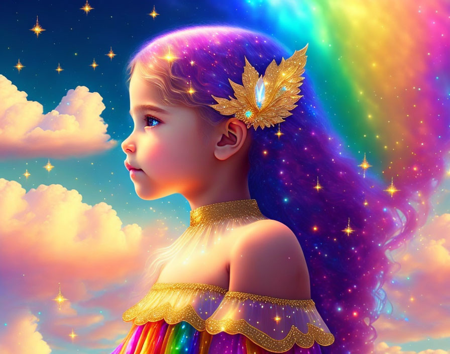 Vibrant digital artwork: young girl with cosmic hair and golden mask in starry sky.