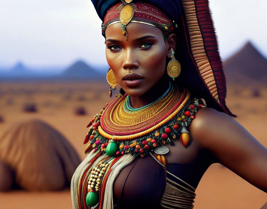 Digital Art: Woman in African Attire with Desert Background