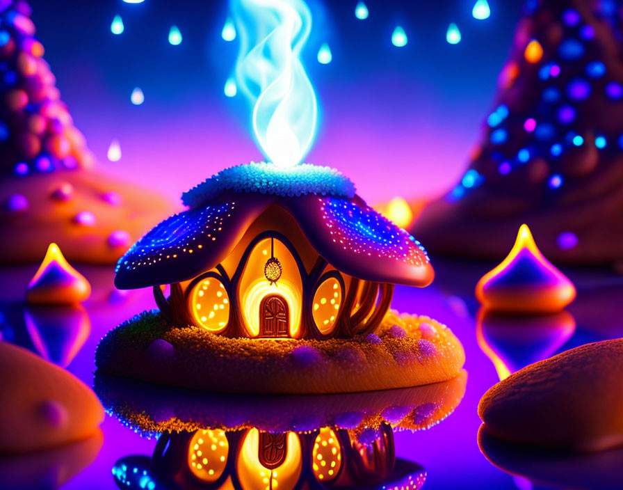 Fantasy Mushroom House with Glowing Mushrooms and Blue Smoke Chimney