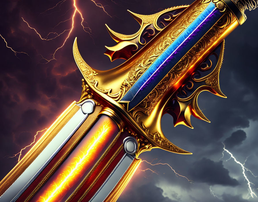 Golden sword with glowing runes and radiant blade against stormy sky