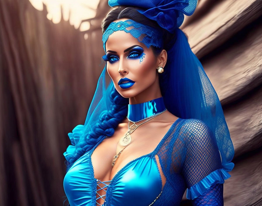 Vibrant blue makeup and outfit with corset and bow detail pose.