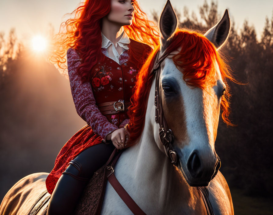 Woman with Red Hair Riding Horse at Sunset with Matching Mane
