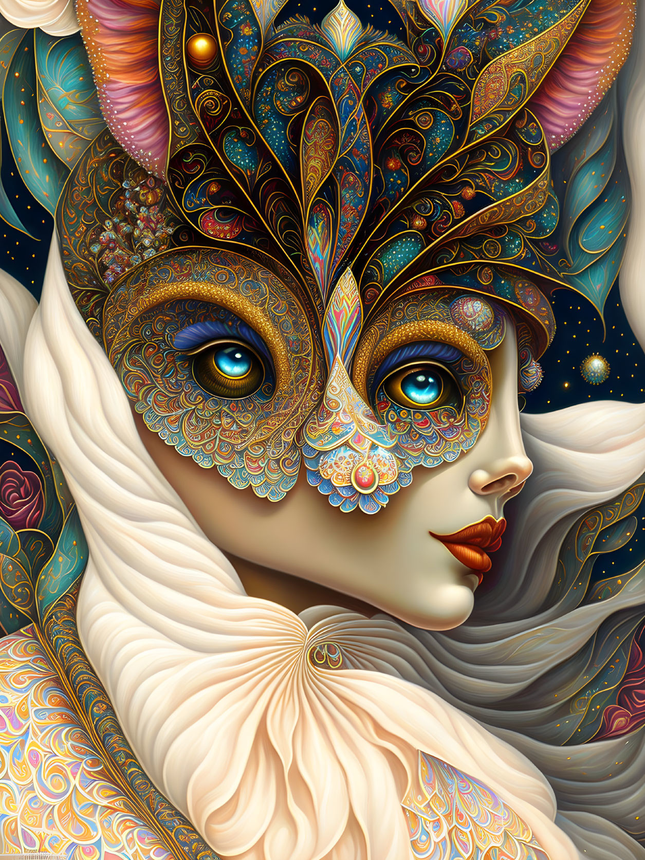 Colorful illustration of person in ornate mask with cosmic backdrop