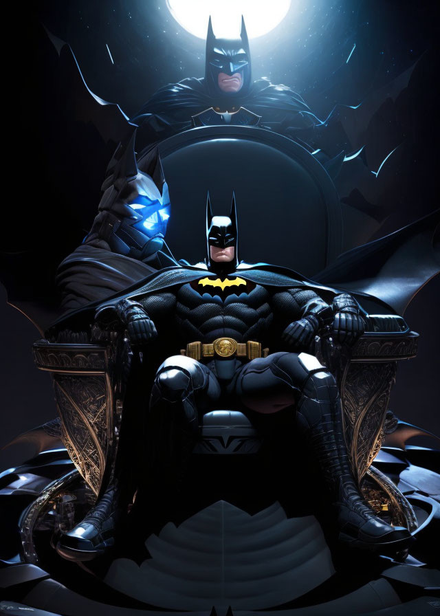 Two Batman Figures: One Standing, One on Throne, Dark Moonlit Background