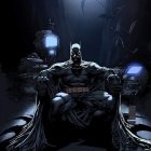 Two Batman Figures: One Standing, One on Throne, Dark Moonlit Background