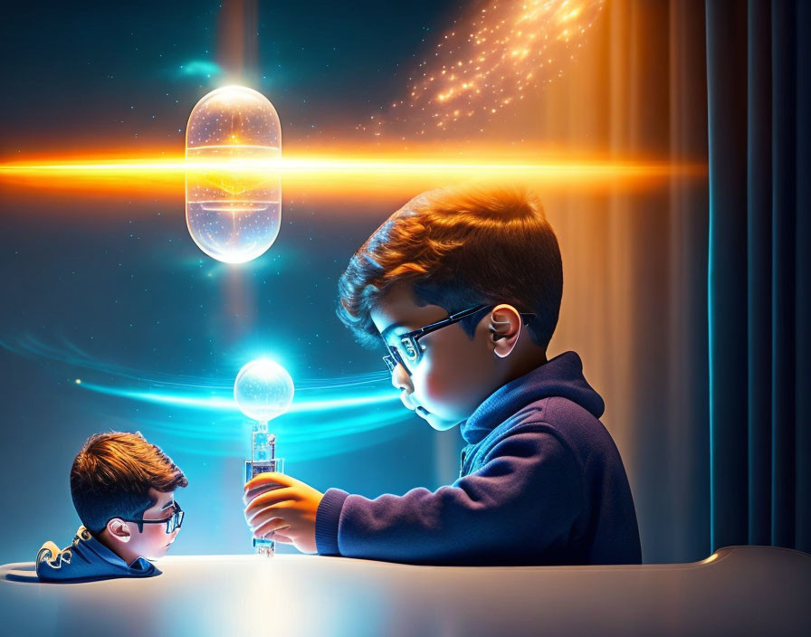 Young boy with glasses mesmerized by glowing futuristic device on desk amid a starry backdrop
