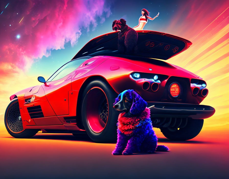 Classic red sports car, woman, and two dogs under surreal sunset sky