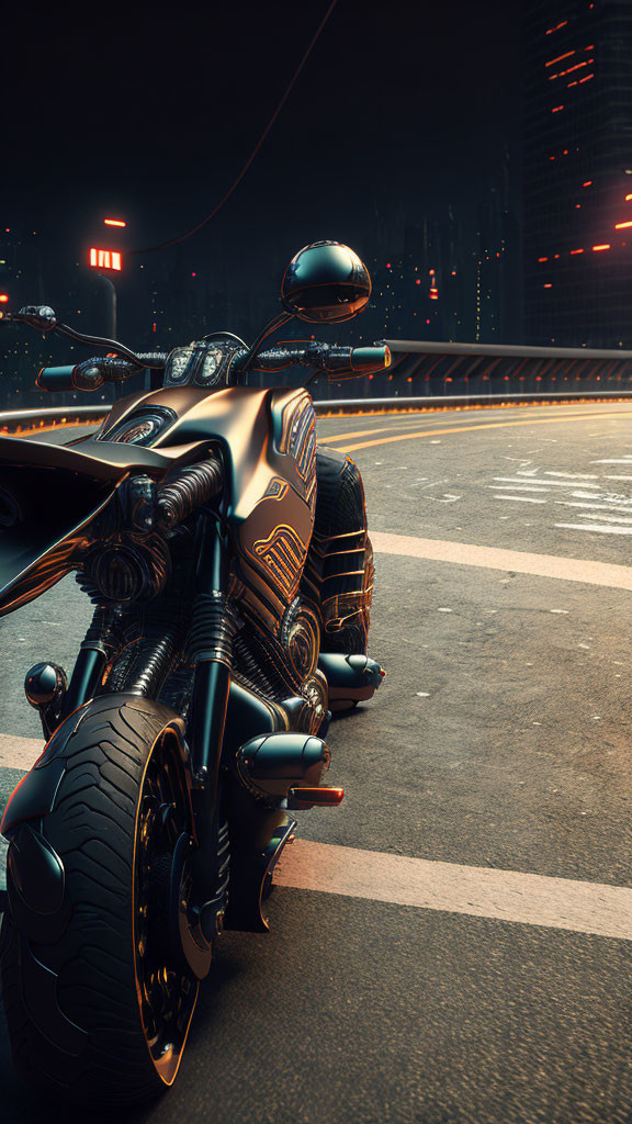 Futuristic glowing motorcycle parked on city street at night
