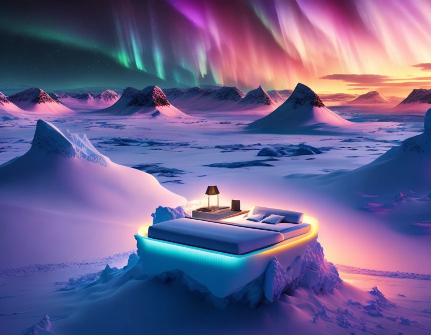 Neon-lit floating bed in icy landscape under vibrant aurora sky