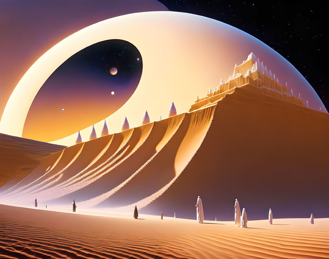 Surreal desert landscape with robed figures, sand dunes, pine trees, and giant planet