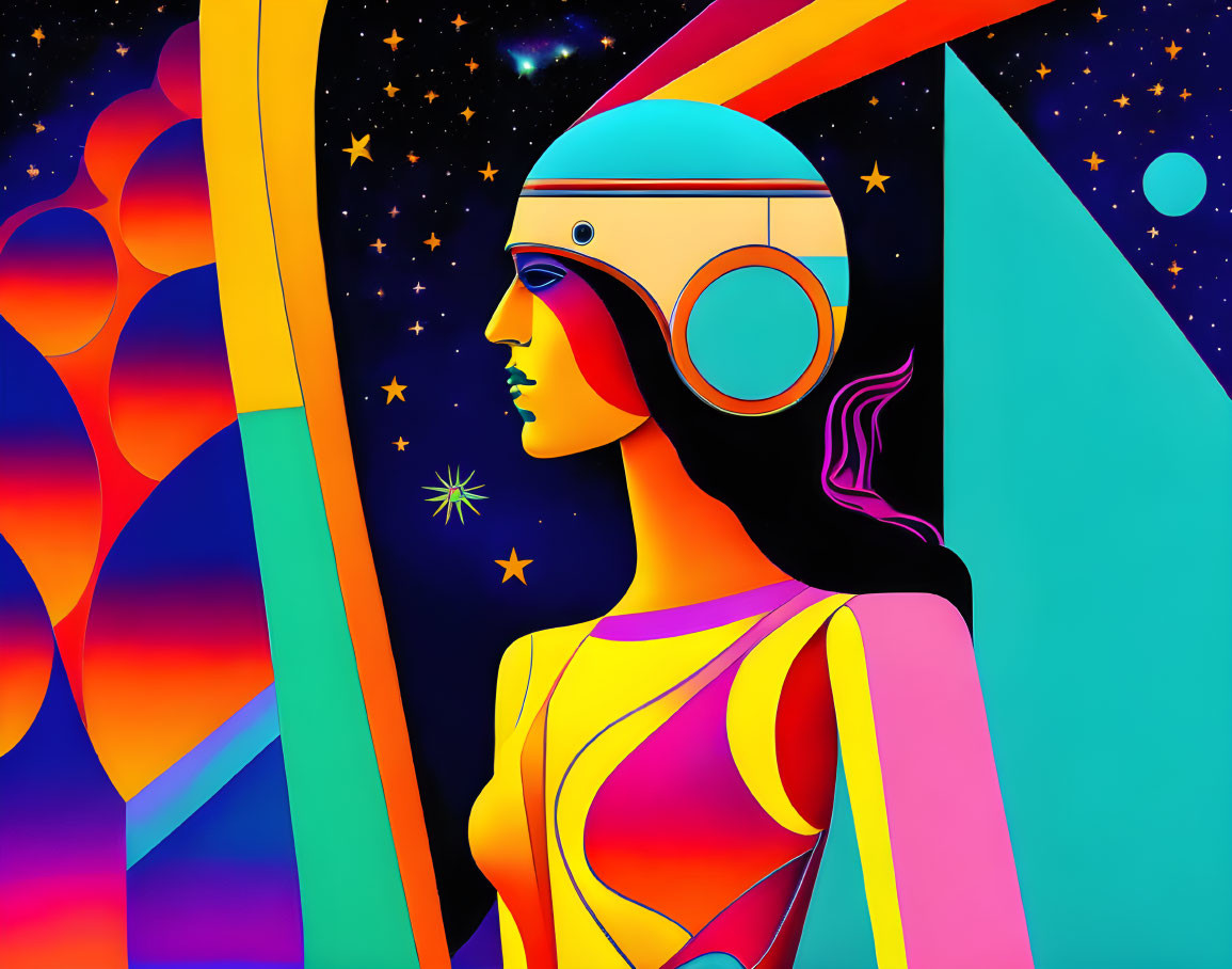 Vibrant digital artwork of woman in futuristic helmet against cosmic backdrop