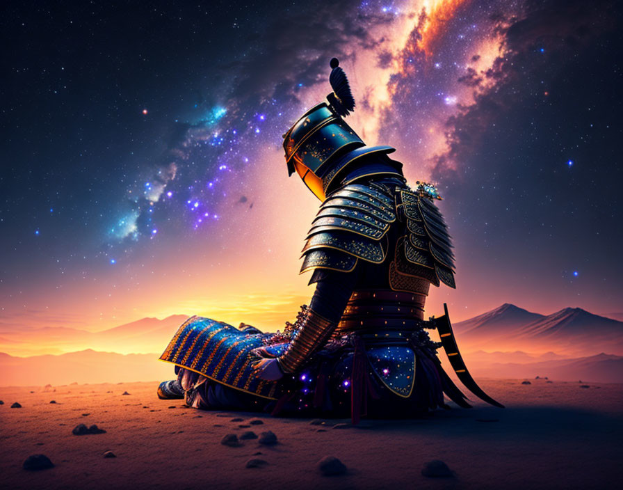 Samurai kneeling in desert under galaxy-studded sky