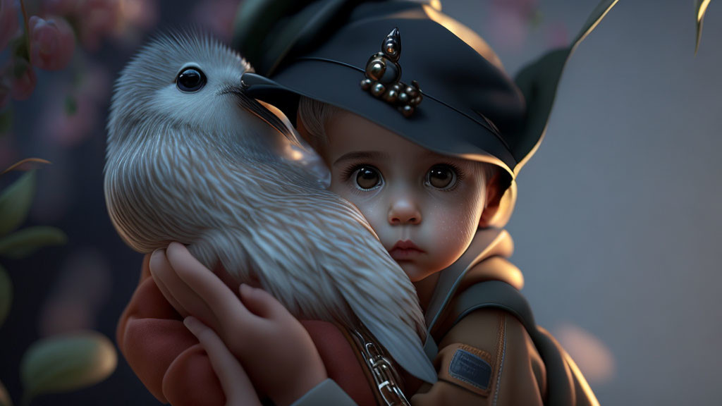 Child in military-style hat cradles fluffy bird at twilight