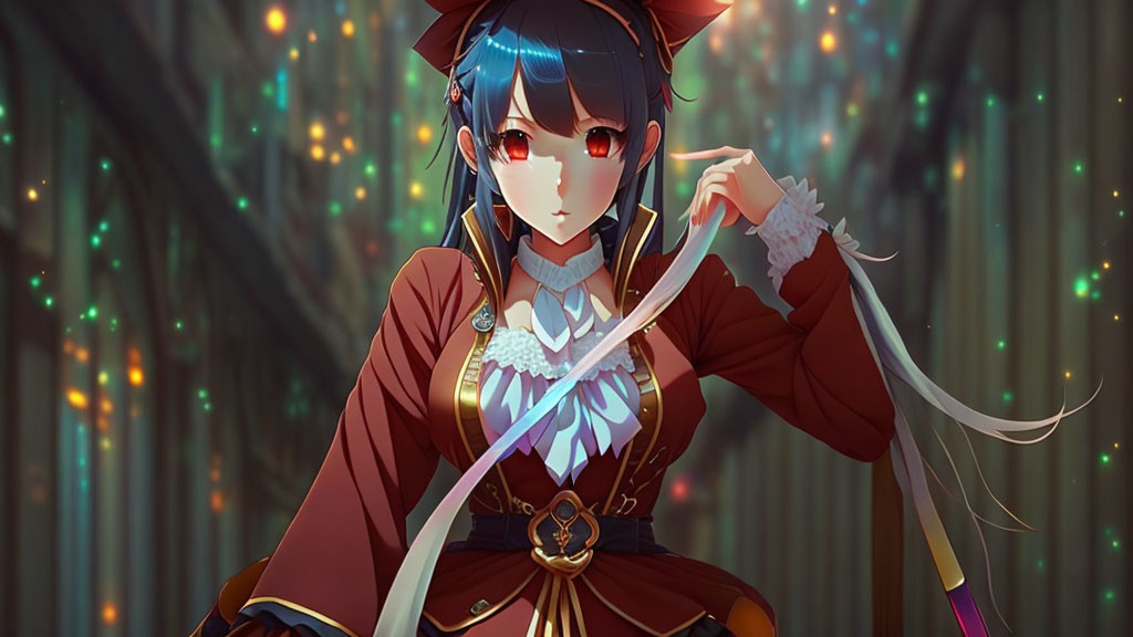 Dark-haired anime-style girl in red and gold outfit on green background