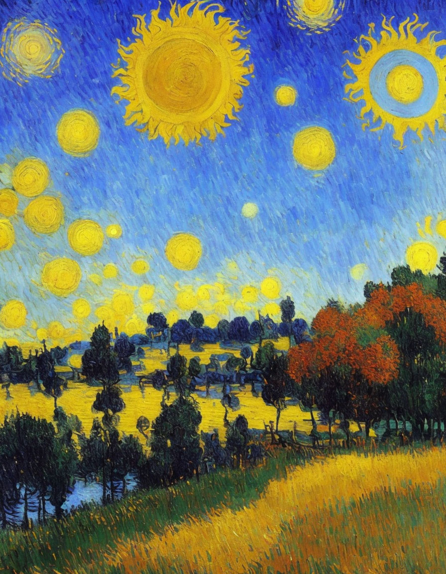 Post-Impressionist painting featuring multiple yellow suns in swirling blue sky above green landscape.