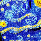 Colorful painting with swirling blue patterns, yellow stars, and red hearts reminiscent of Starry Night