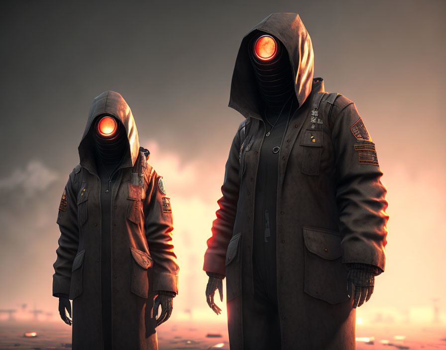 Hooded Figures with Red Visors in Dusky Sky