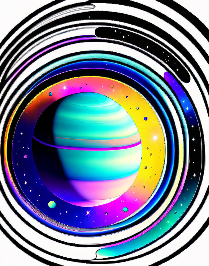 Neon-colored planet with rings in starry space surrounded by concentric lines