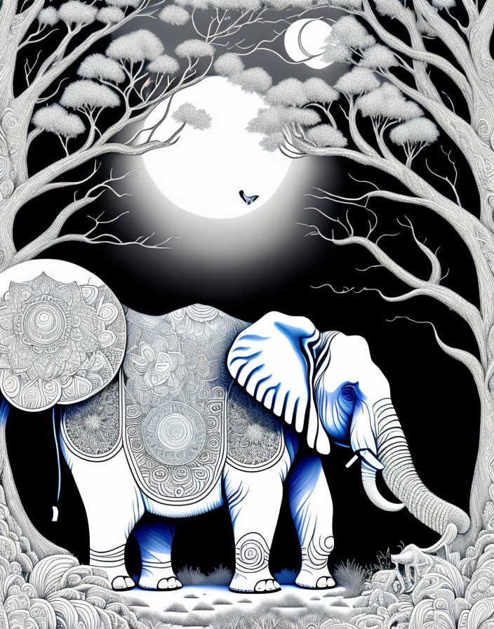 Detailed black and white illustration of decorated elephant under moonlit sky with intricate trees and bird.