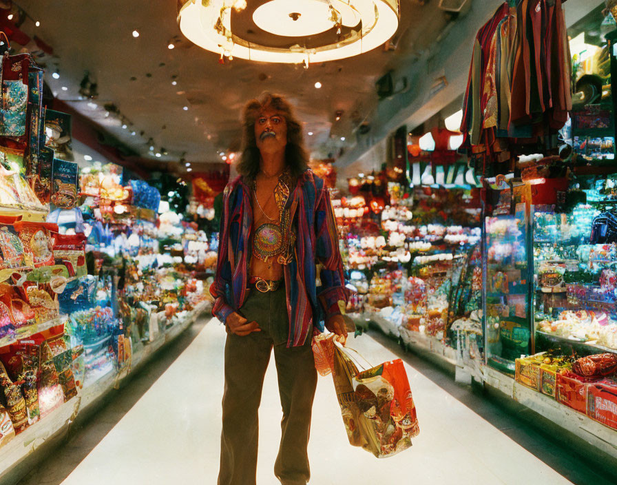 Colorful figure in candy store aisle with wild hair and vibrant clothes