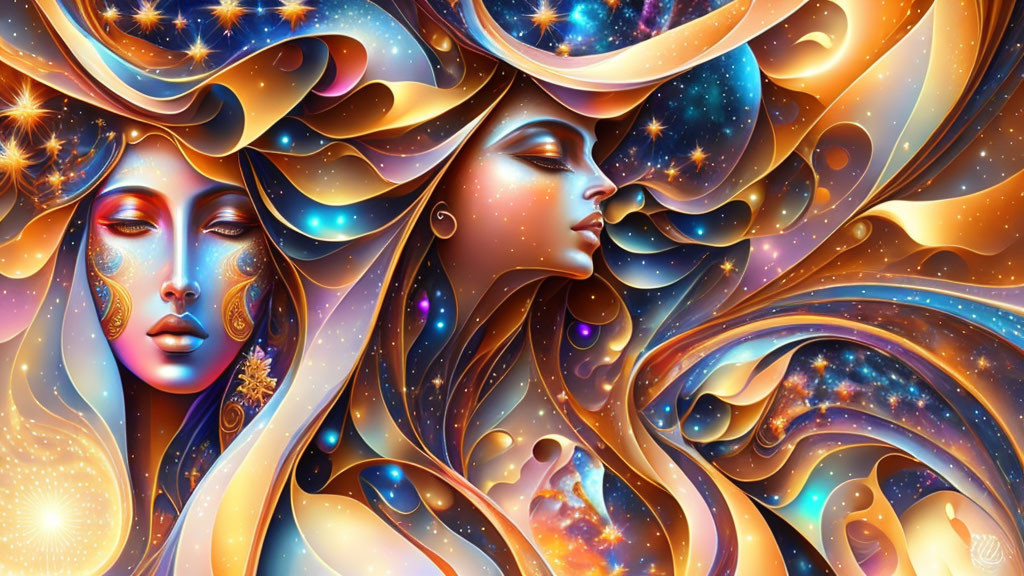 Ethereal digital art of two women with cosmic motifs