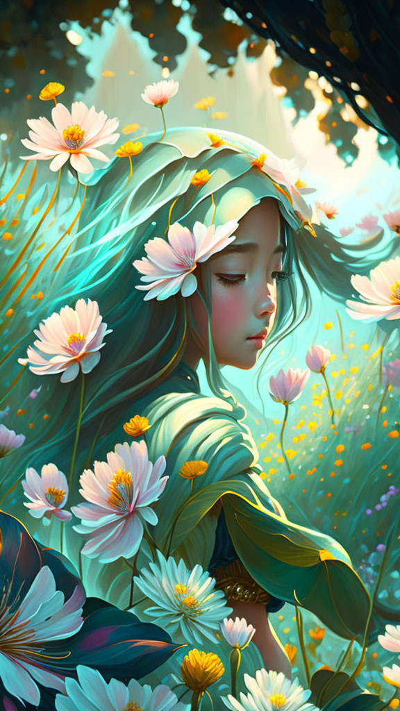 Illustration of woman with flowers in hair and sunlight.