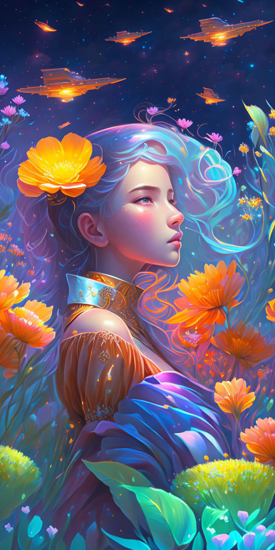 Colorful illustration of woman with flowers, butterflies, stars, and fish
